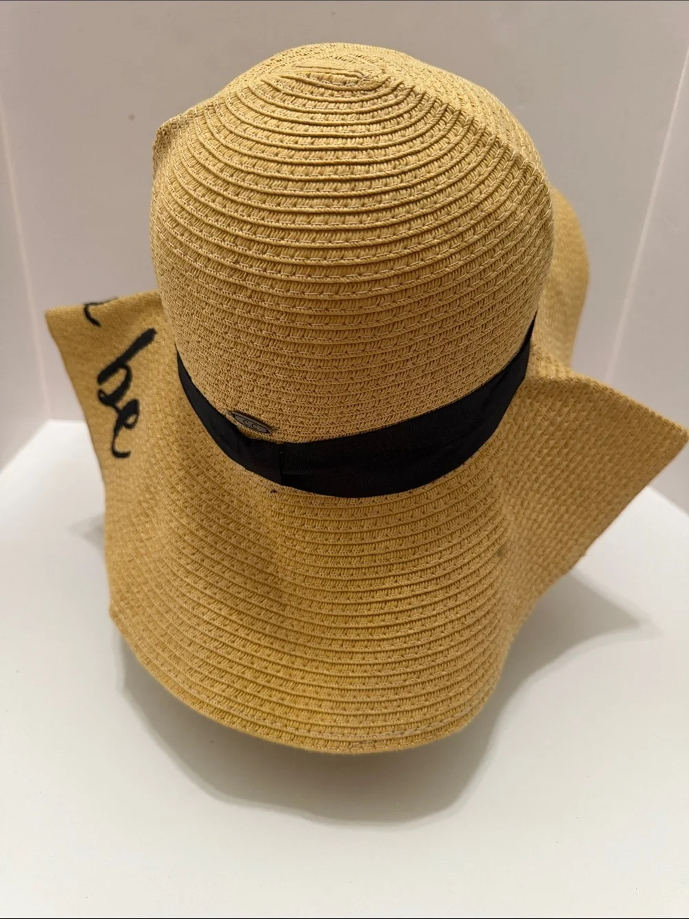 C.C. Boutique Yellow 'Bride To Be' Wide Brim Sun Hat with Black Band